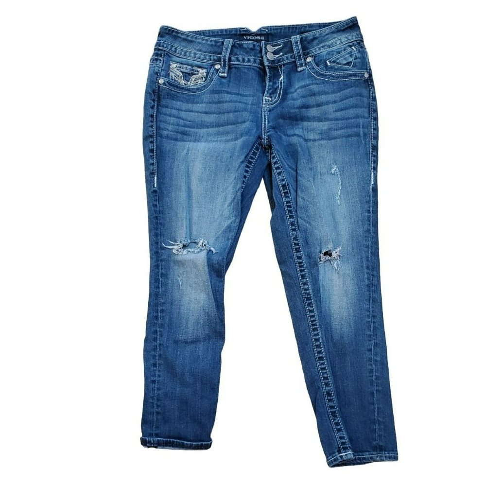 Vigoss Blue Women's Chelsea Denim Embroidered Detailed Capri Jeans Size 7/8